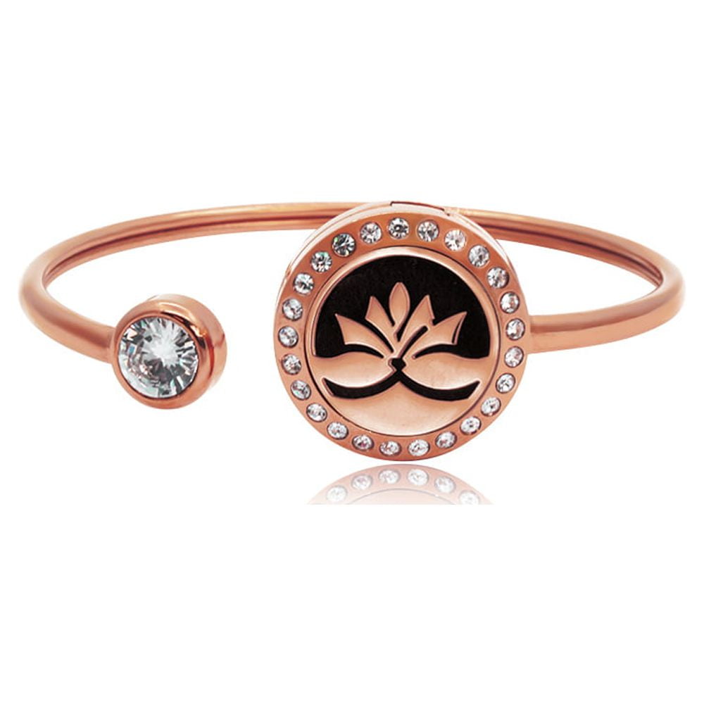 Anavia Rose Gold Lotus Rhinestone Aromatherapy Jewelry Stainless Steel Essential Oil Cuff Bangle Bracelet with Gift Box