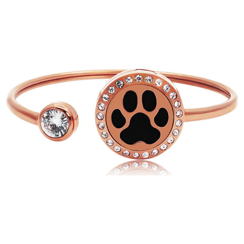 Anavia Rose Gold Paw Print Rhinestone Aromatherapy Jewelry Stainless Steel Essential Oil Cuff Bangle Bracelet with Gift Box