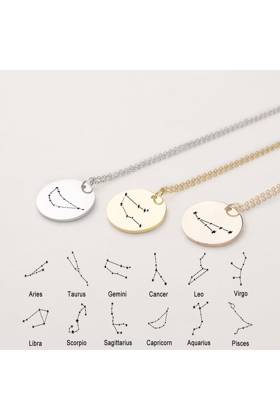 Round Aquarius Constellation Zodiac Star Sign Stainless Steel Silver Disc 22mm Pendant Jewelry with Gift Box