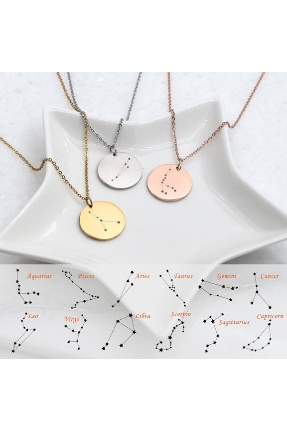 Round Pisces Constellation Zodiac Star Sign Stainless Steel Silver Disc 22mm Pendant Jewelry with Gift Box