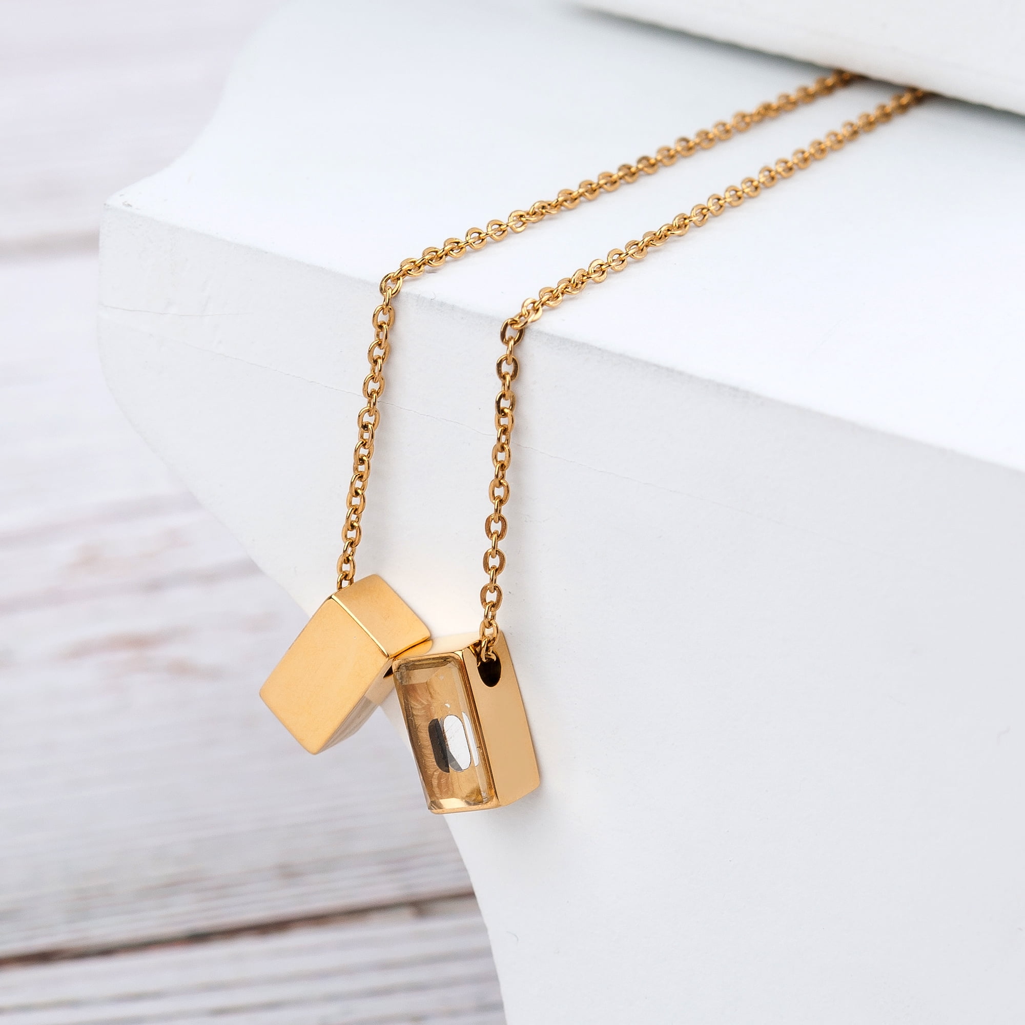 Anavia See You Cremation Necklace for Ashes, Mini See Through Urn Necklace, Mini Cube Cremation Pendant, Cremation Jewelry, Memorial Jewelry, Mini Urn-[Gold]