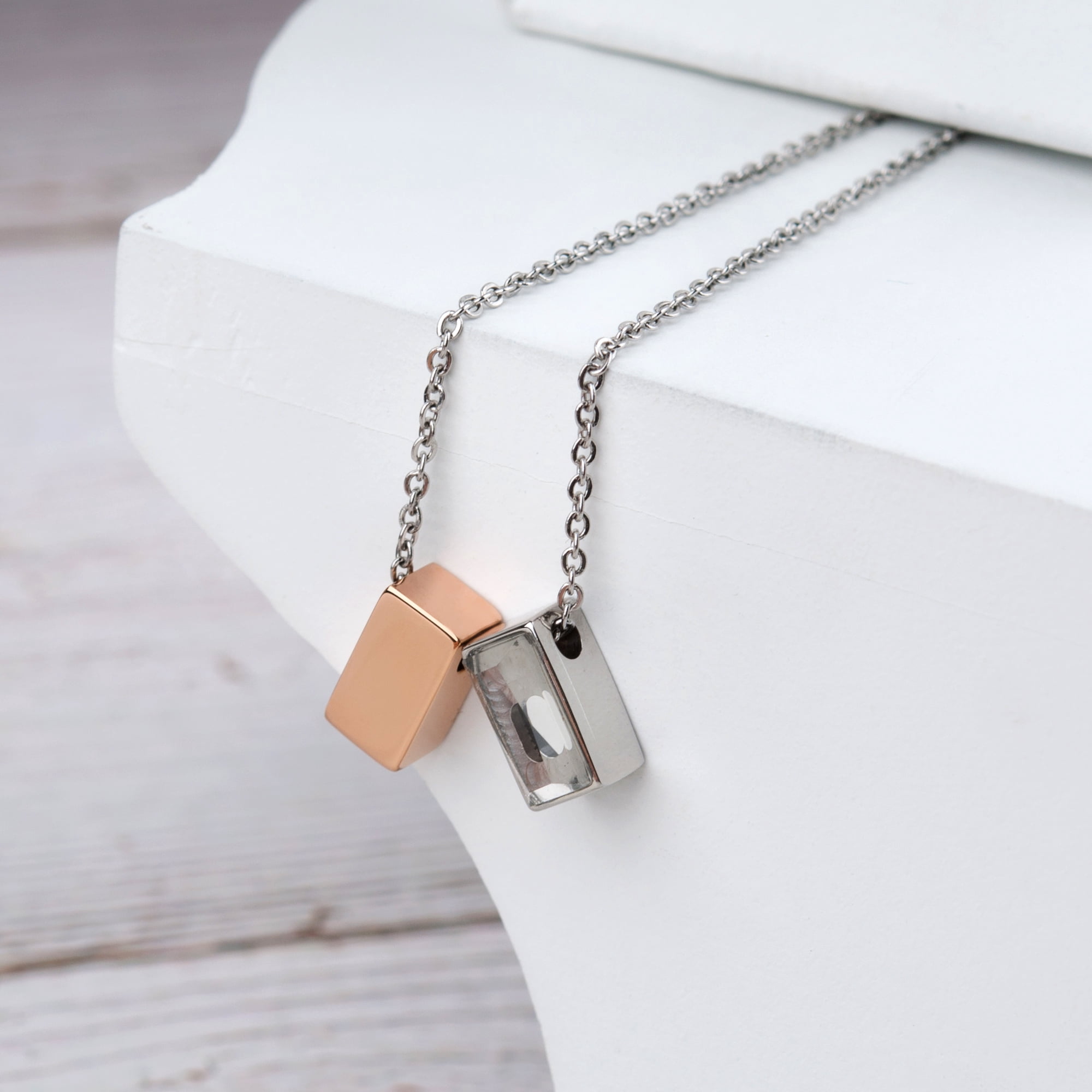 Anavia See You Cremation Necklace for Ashes, Mini See Through Urn Necklace, Mini Cube Cremation Pendant, Cremation Jewelry, Memorial Jewelry, Mini Urn-[Rose Gold & Silver]