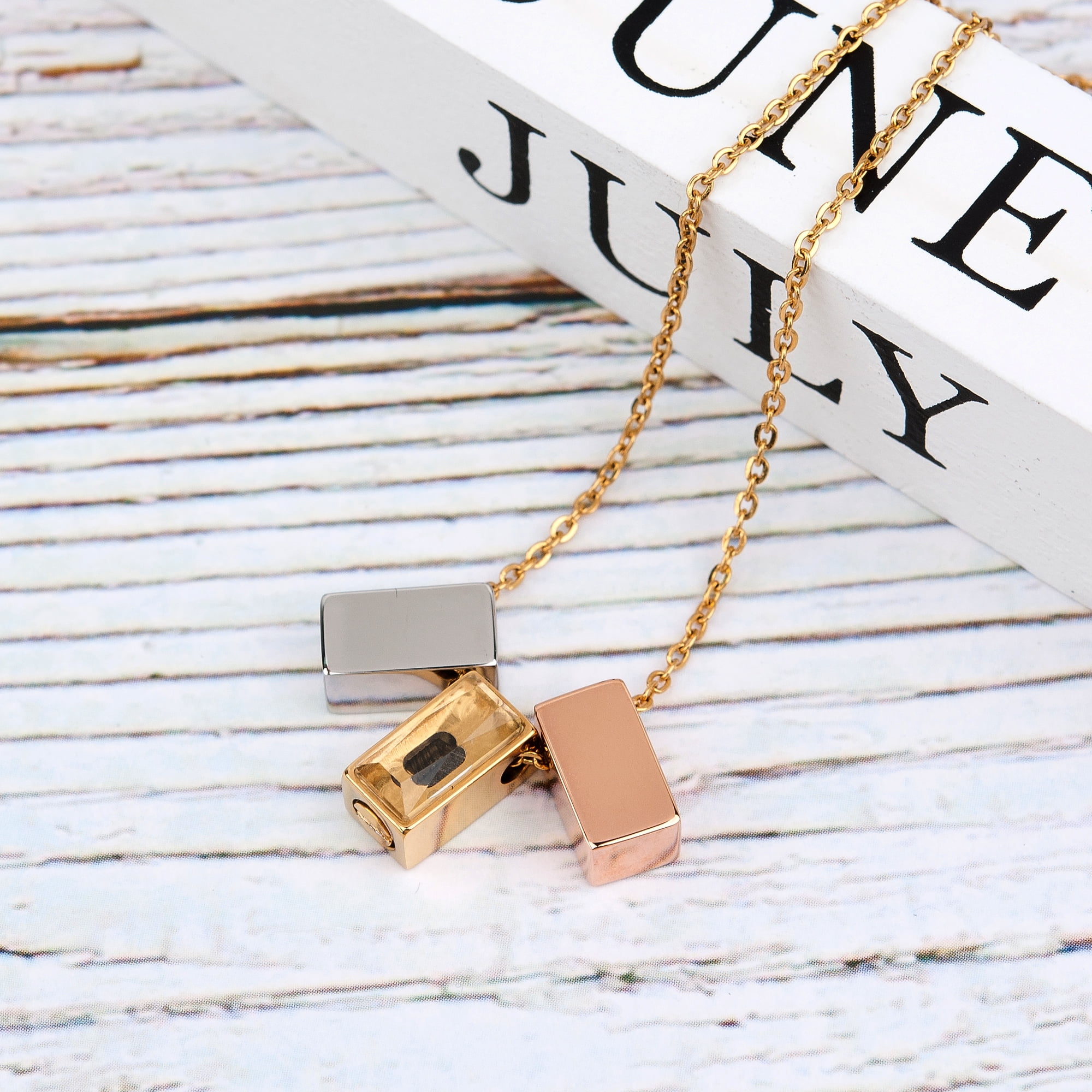 Anavia See You Cremation Necklace for Ashes, Mini See Through Urn Necklace, Mini Cube Cremation Pendant, Cremation Jewelry, Memorial Jewelry, Mini Urn w/ Multicolor Cubes-[Silver & Gold & Rose Gold]