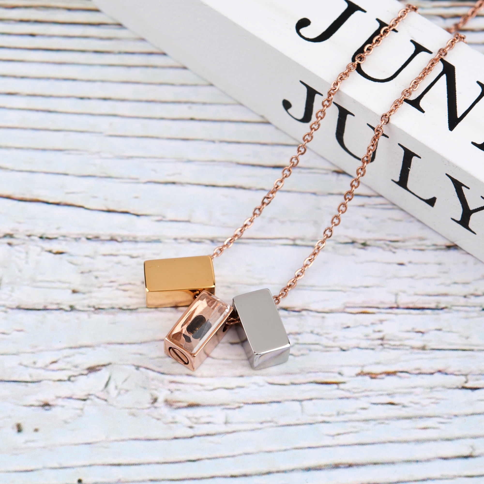 Anavia See You Cremation Necklace for Ashes, Mini See Through Urn Necklace, Mini Cube Cremation Pendant, Cremation Jewelry, Memorial Jewelry, Mini Urn w/ Multicolor Cubes-[Gold & Rose Gold & Silver]