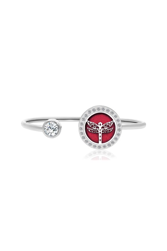 Silver Dragonfly Rhinestone Aromatherapy Jewelry Stainless Steel Essential Oil Cuff Bangle Bracelet with Gift Box