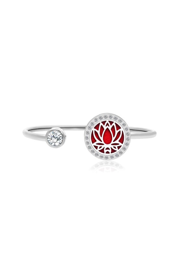 Silver Lotus Rhinestone Aromatherapy Jewelry Stainless Steel Essential Oil Cuff Bangle Bracelet with Gift Box