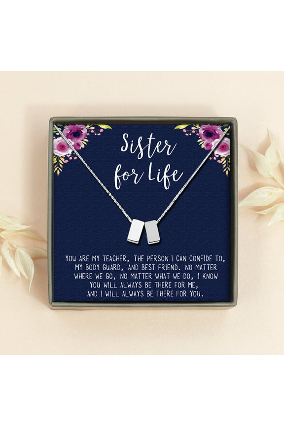 Sister Necklace, Sister Jewelry Gift, Gift for Sister, Sister Birthday Gift, Birthday Day Gift for Her, Double Cubes Pendant Necklace with Wish Card -[2 Silver Charms]