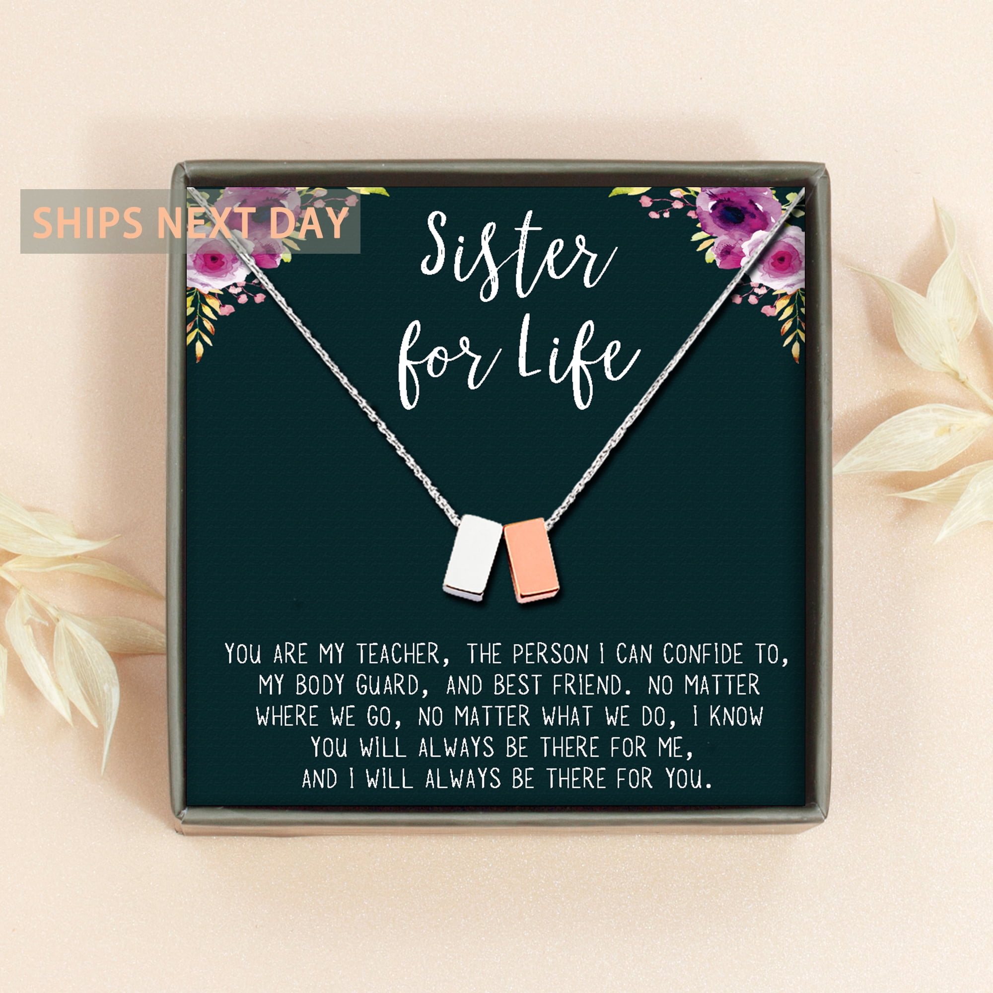 Anavia Sister Necklace, Sister Jewelry Gift, Gift for Sister, Sister Birthday Gift, Anniversary's Day Gift for Her, Double Cubes Pendant Necklace with Wish Card -[1 Silver & 1 Rose Gold]