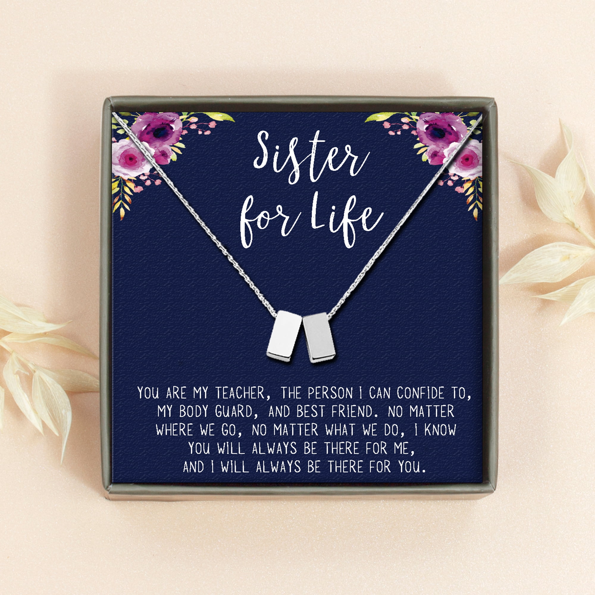 Anavia Sister Necklace, Sister Jewelry Gift, Gift for Sister, Sister Birthday Gift, Birthday Day Gift for Her, Double Cubes Pendant Necklace with Wish Card -[2 Silver Charms]