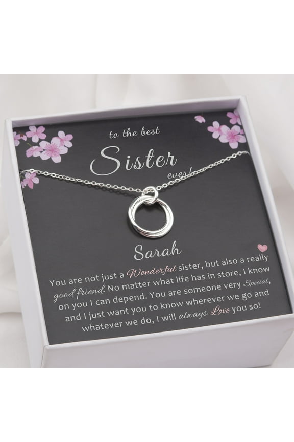 Sister Necklace, to the Best Sister Ever Gift 925 Sterling Silver Two Circles Overlap Necklace, Birthday Gift for Big Sister -[Custom Card]
