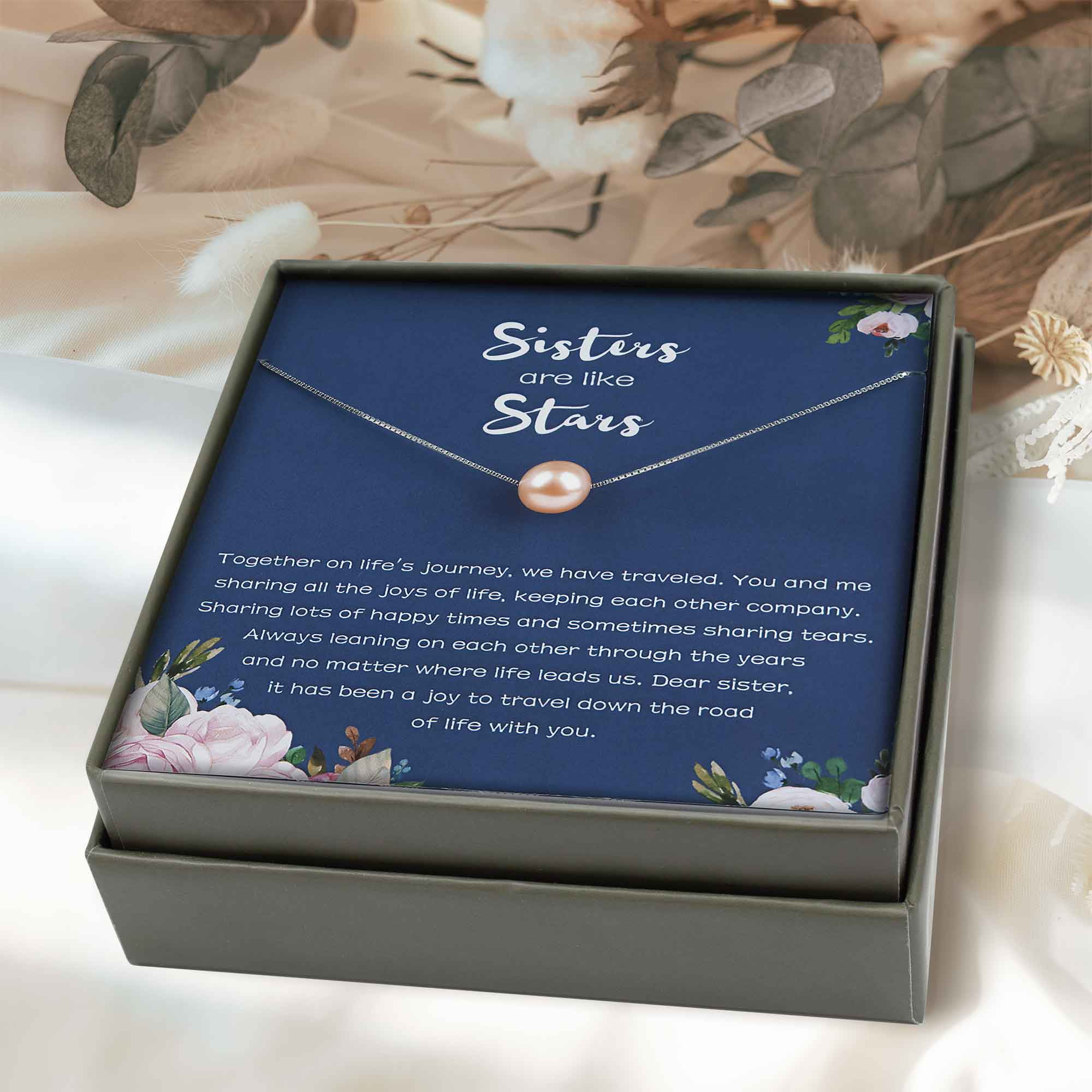 Anavia Sisters Necklace Pearl Jewelry, Sisters are like Stars Birthday Gift Necklace, Big Sister Gift-[Pink Pearl + Silver Chain]