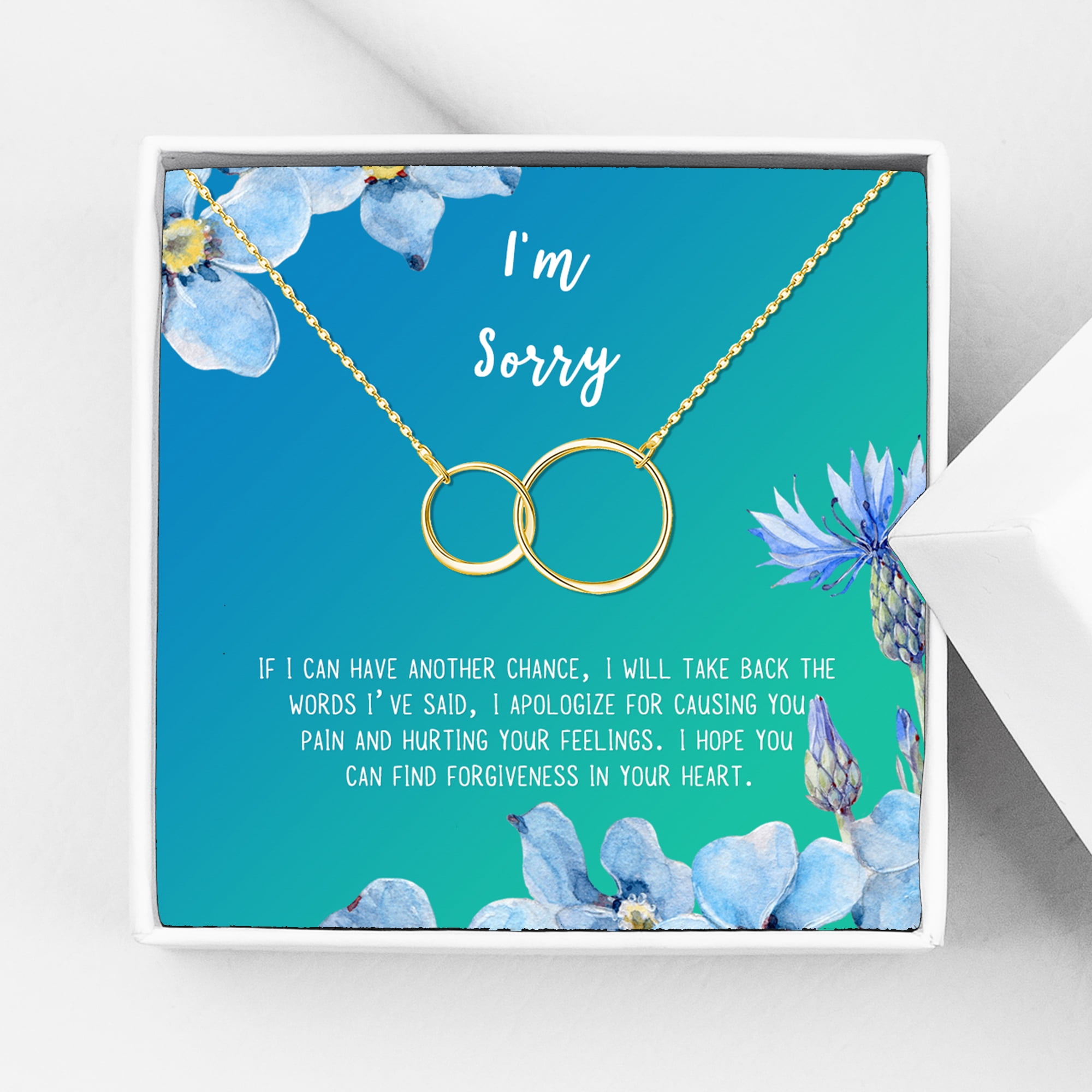Anavia I'm Sorry, Apology Gift Card Necklace, Apology Gifts for Her, Sorry Quote Apology Gifts for Wife, Forgiveness Gift for Girlfriend-[Gold Infinity Double Ring, Bright Blue Gift Card]