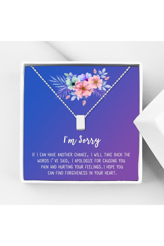 I'm Sorry, Apology Gift Card Necklace, Apology Gifts for Her, Sorry Quote Apology Gifts for Wife, Forgiveness Gift for Girlfriend-[Silver Cube, Blue-Purple Gift Card]