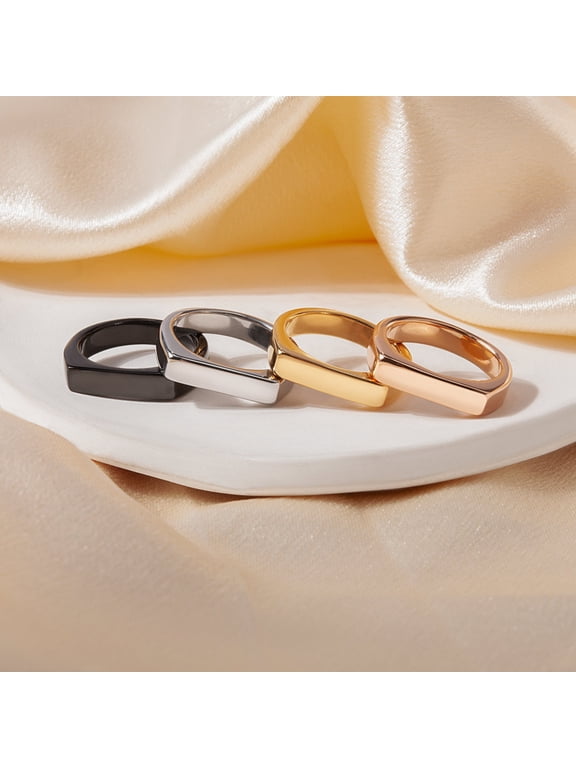 Stainless Steel Bar Shape Signet Style Classical Simple Plain Wedding Engagement Statement Ring, Horizontal Bar Ring Women Mother's Day Gift