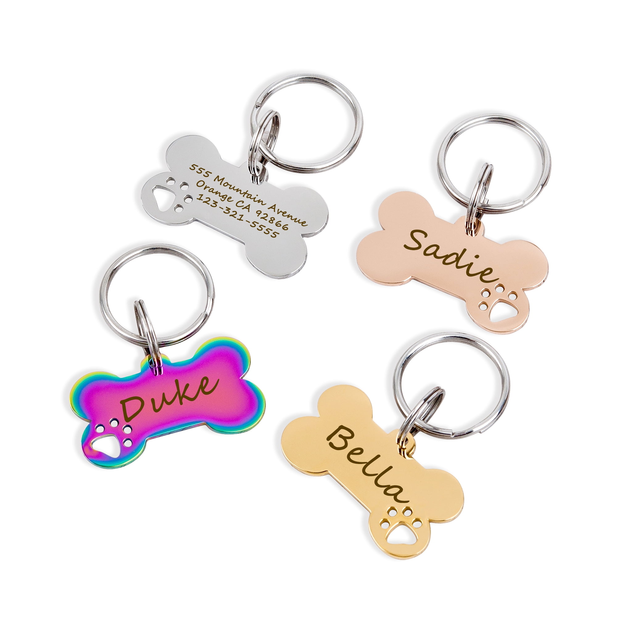 Anavia Stainless Steel Bone Hollow Paw Print Engraved Dog ID Tag, Multi-color, S