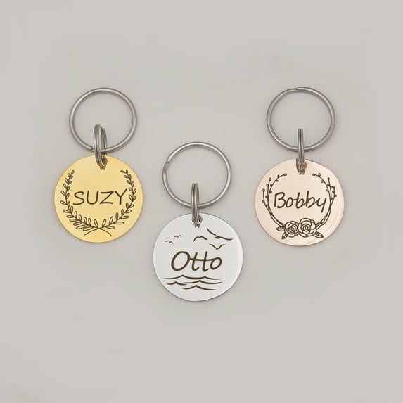 Anavia Stainless Steel Metal Round Name - Boarder Birthday Holiday Christmas Engraved Dog Cat ID Tag, Gold