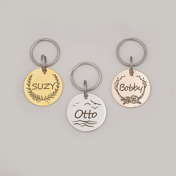 Anavia Stainless Steel Metal Round Name - Boarder Birthday Holiday Christmas Engraved Dog Cat ID Tag, Rose Gold