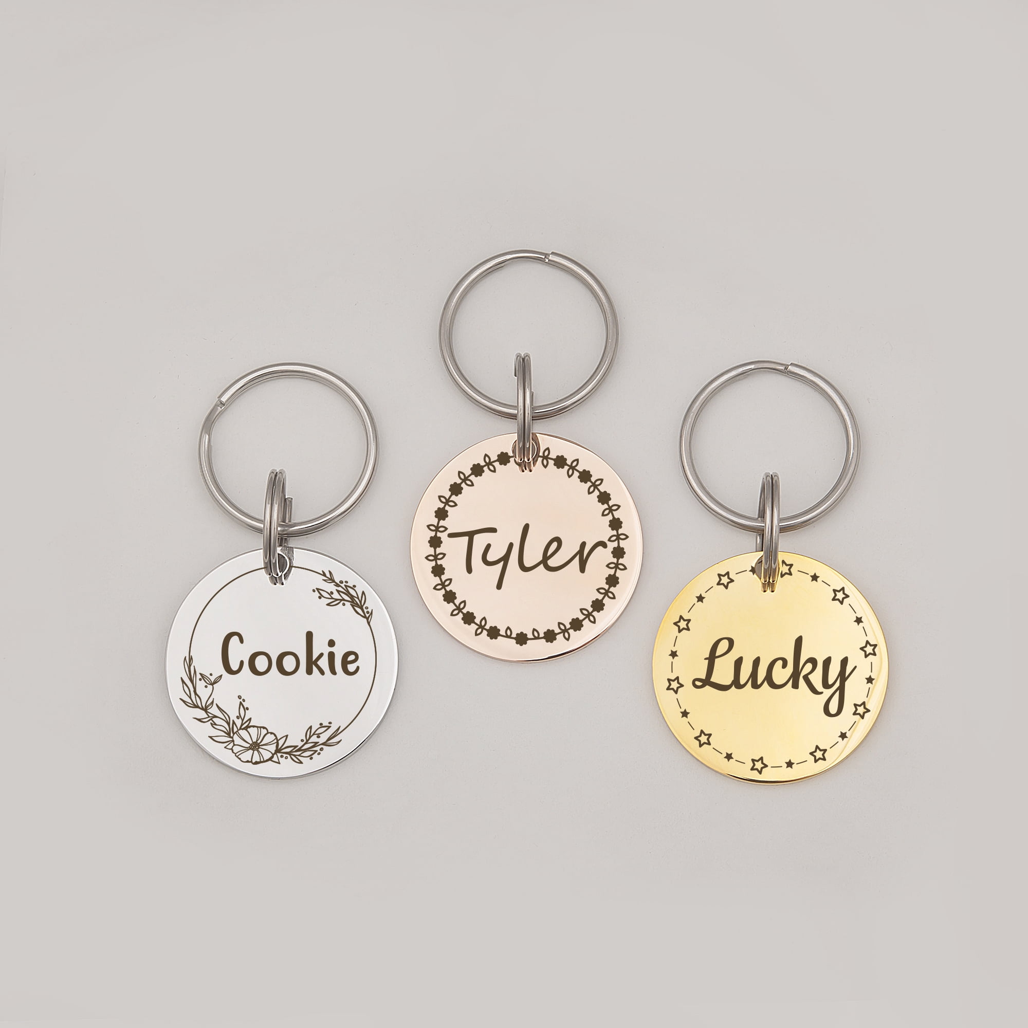 Anavia Stainless Steel Metal Round Name - Boarder Birthday Holiday Christmas Engraved Dog Cat ID Tag, Rose Gold