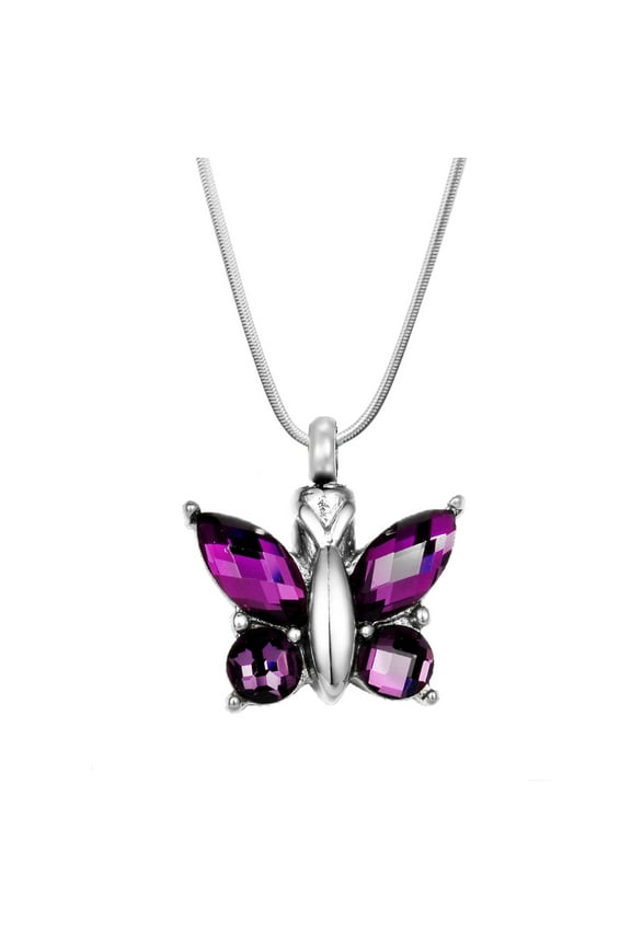 Steel Purple Crystal Butterfly Cremation Necklace Keepsake Urn Memorial Jewerly With Free Gift Box