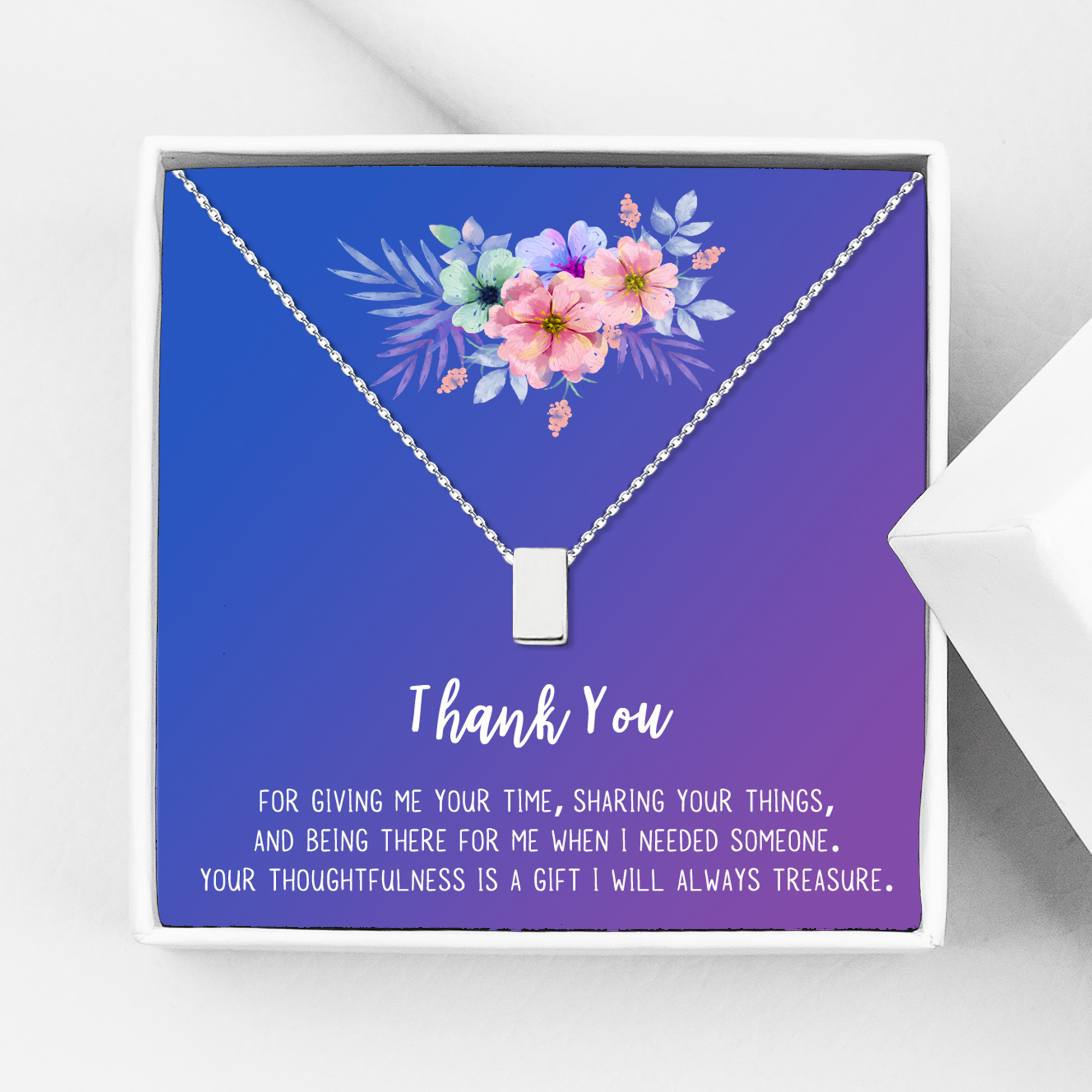 Anavia Thank You Gift Card, Appreciation Gift for friend, High Quality Stainless Steel Fashion Necklace, Thank you Gift, Gratitude Gift for Her-[Silver Cube, Blue-Purple Gift Card]