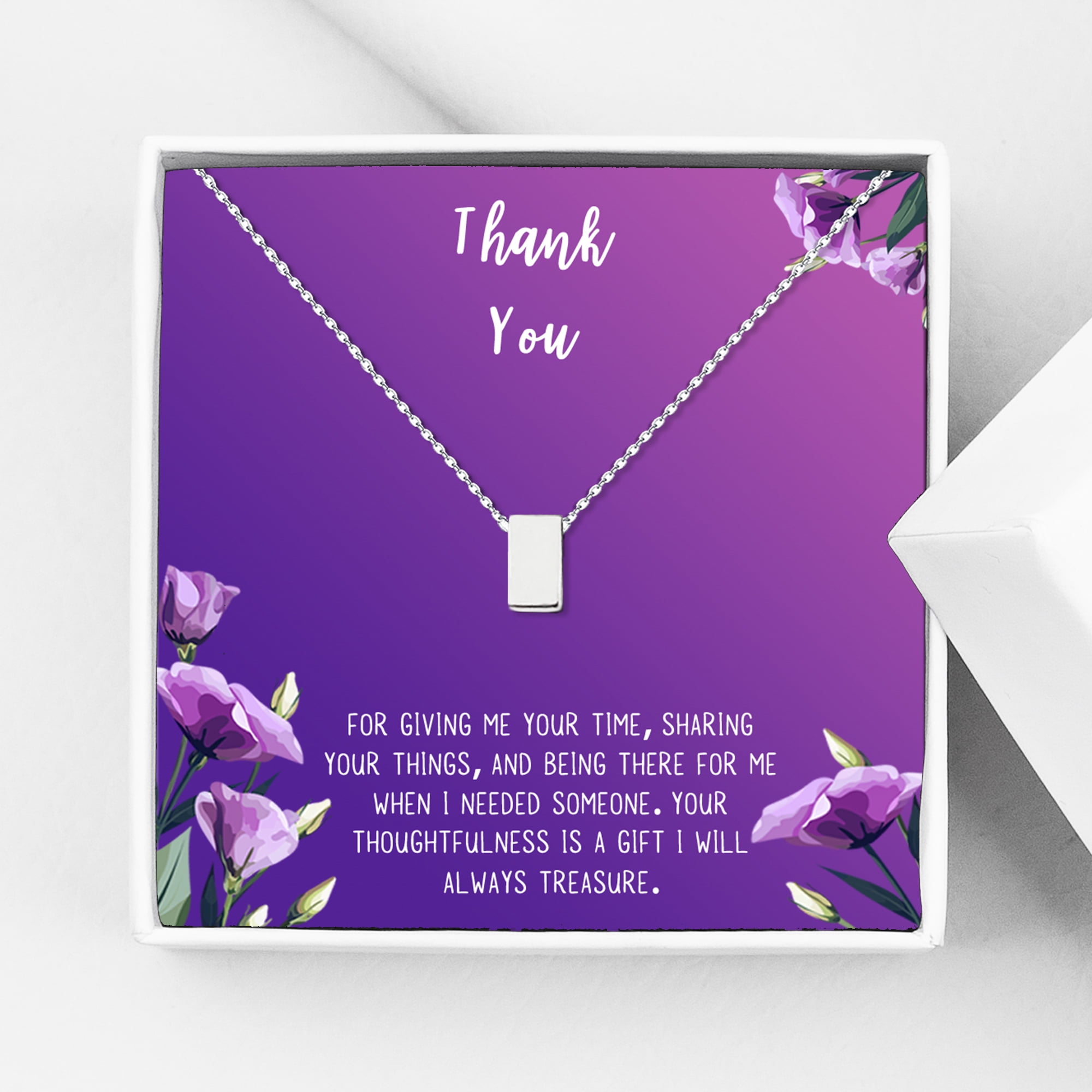 Anavia Thank You Gift Card, Appreciation Gift for friend, High Quality Stainless Steel Fashion Necklace, Thank you Gift, Gratitude Gift for Her-[Silver Cube, Royal Purple Gift Card]