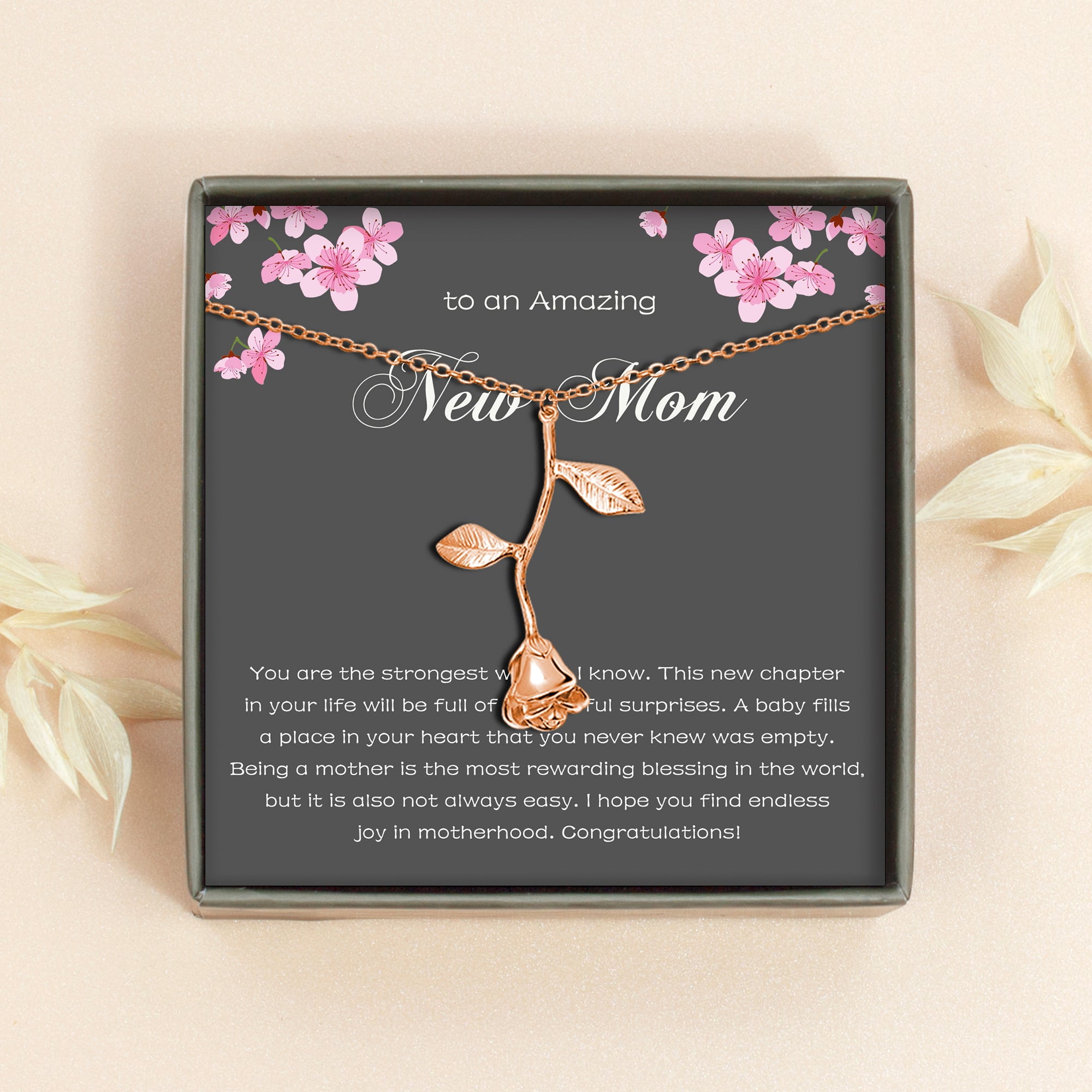 Anavia "To An Amazing New Mom" Mother's Day Rose Necklace With Gift Card, 1st mothers day gift for new mom [Rose Gold]
