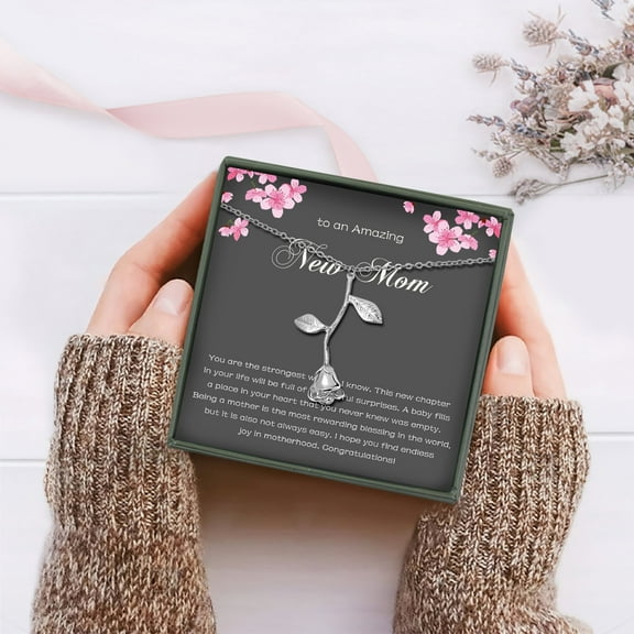 Anavia "To An Amazing New Mom" Mother's Day Rose Necklace With Gift Card, 1st mothers day gift for new mom [Silver]