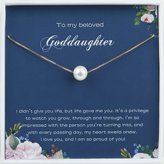 Anavia To My Beloved Goddaughter Gift Card, Goddaughter Birthday Gift from Godmother, Goddaughter Wedding Gift Pearl Necklace-[White Pearl + Gold Chain]