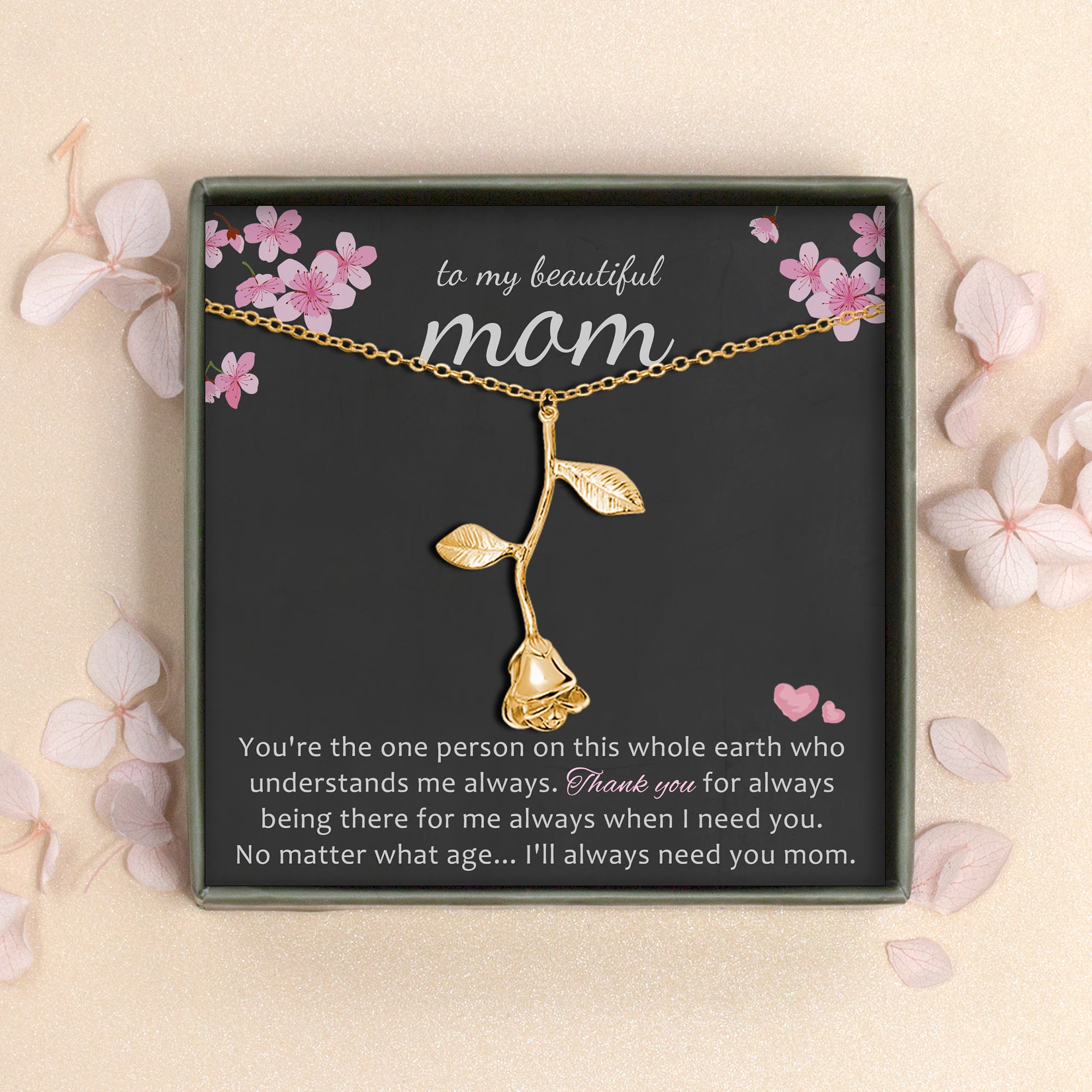 Anavia "To my beautiful Mom" Mother's Day Rose Necklace With Gift Card, Birthday gift for Mom from daughter [Gold]