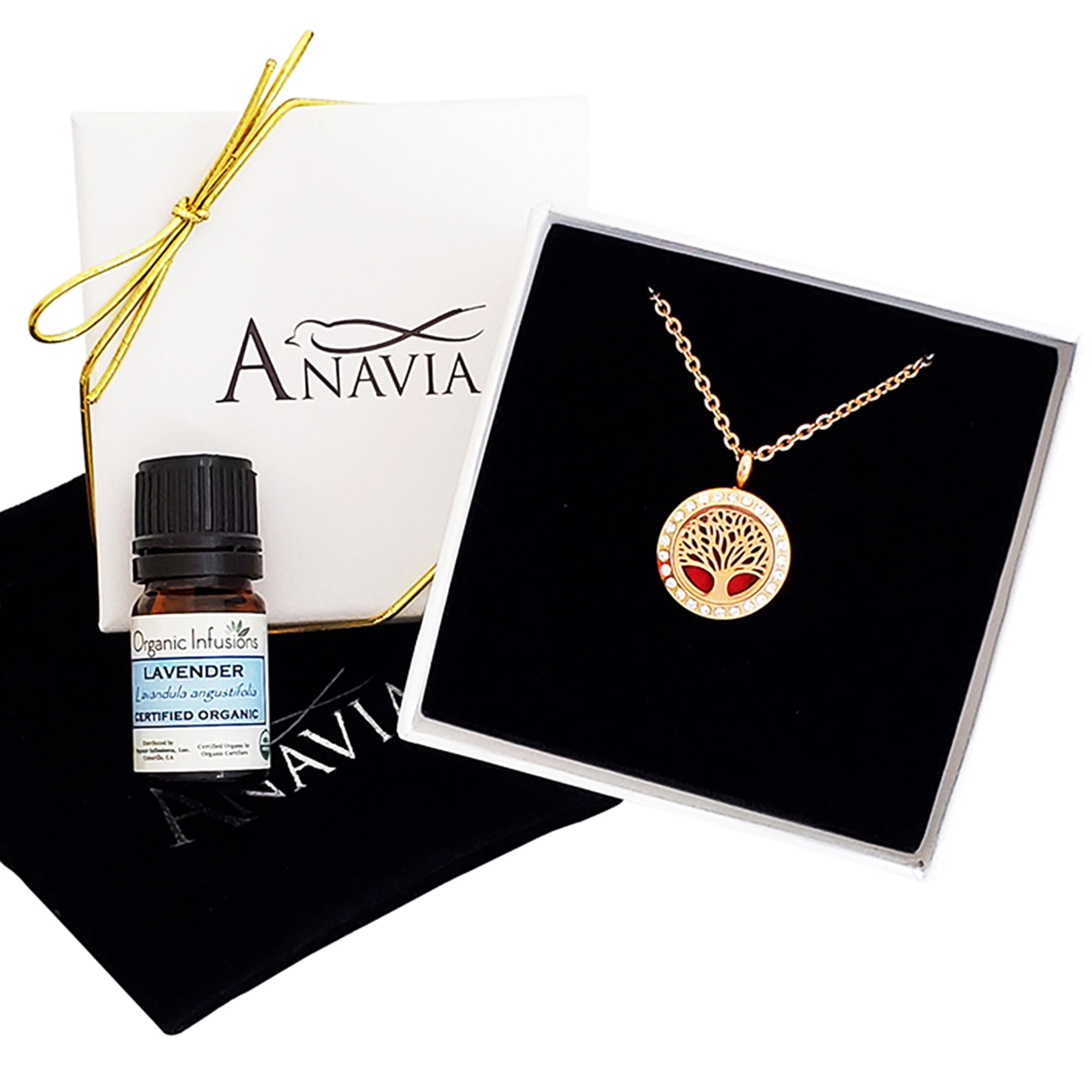 Anavia Tree of Life Essential Oil Diffuser Rhinestone Necklace & Organic Gift for Her Fiancee Girlfriend Aromatherapy Gift for Wife Jewelry Gift Set Rose Gold Necklace & Lavender Oil