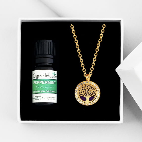 Anavia Tree of Life Aromatherapy Oil Diffuser Crystal Necklace Essential Oil Gift Set - Gold Necklace & Peppermint Oil