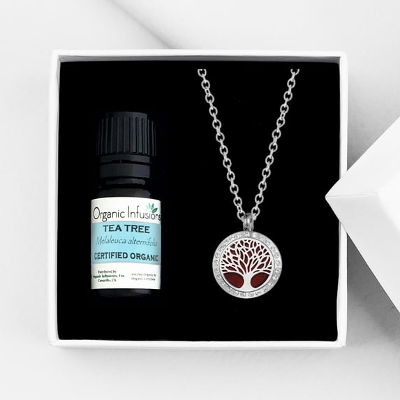 Anavia Tree of Life Aromatherapy Oil Diffuser Crystal Necklace Essential Oil Gift Set - Silver Necklace & Tea Tree Oil
