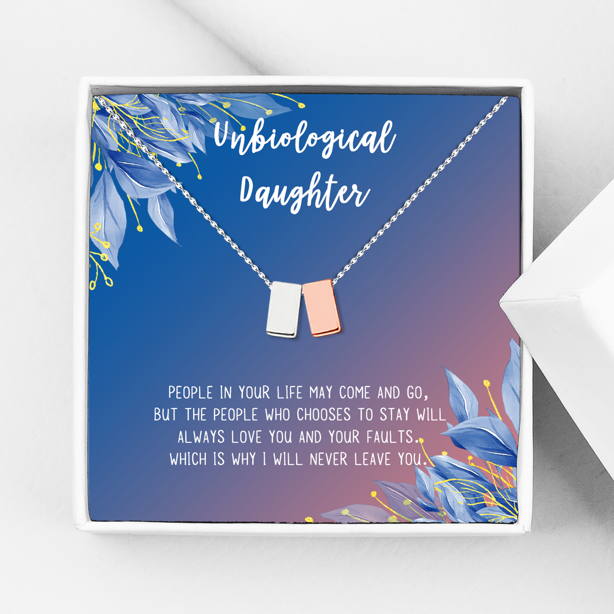 Anavia Unbiological Daughter Jewelry, Step Daughter Necklace Gift, Bonus Daughter Birthday Card Gift, Gift from Step Mom-[Silver and Rose Gold Double Cube, Blue-Orange Gift Card]