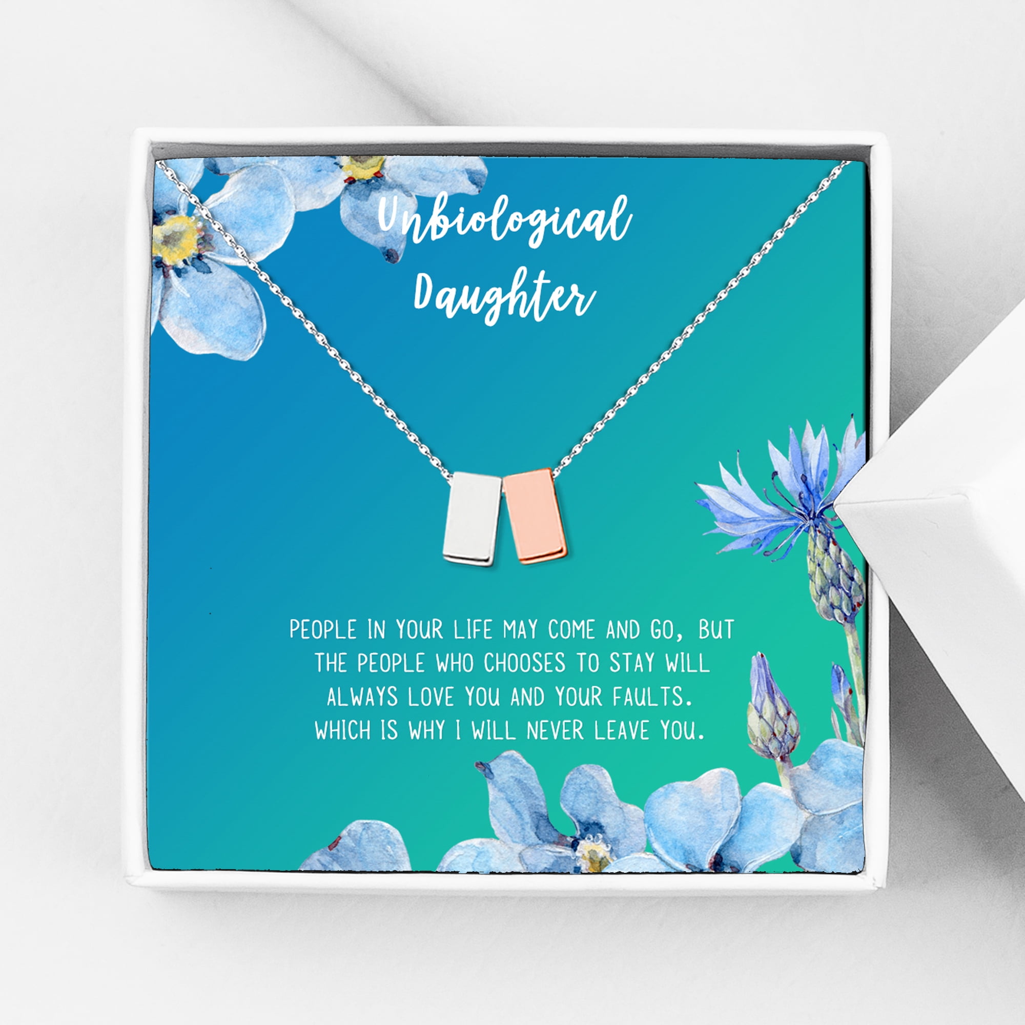 Anavia Unbiological Daughter Jewelry, Step Daughter Necklace Gift, Bonus Daughter Birthday Card Gift, Gift from Step Mom-[Silver and Rose Gold Double Cube, Bright Blue Gift Card]
