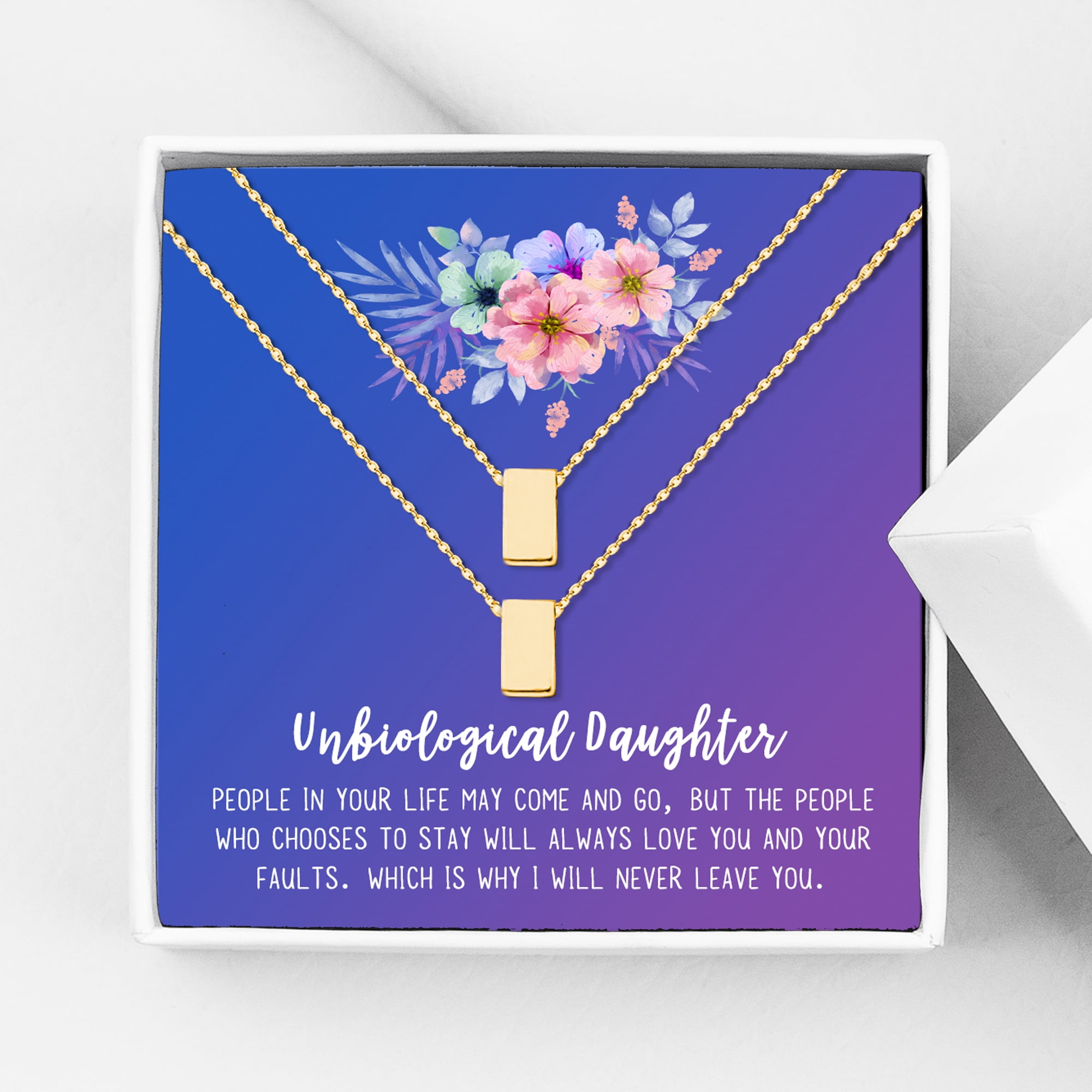 Anavia Unbiological Daughter Jewelry, Step Daughter Necklace Gift, Bonus Daughter Birthday Card Gift, Mother Daughter Set Necklace-[Two Gold Cube, Blue-Purple Gift Card]