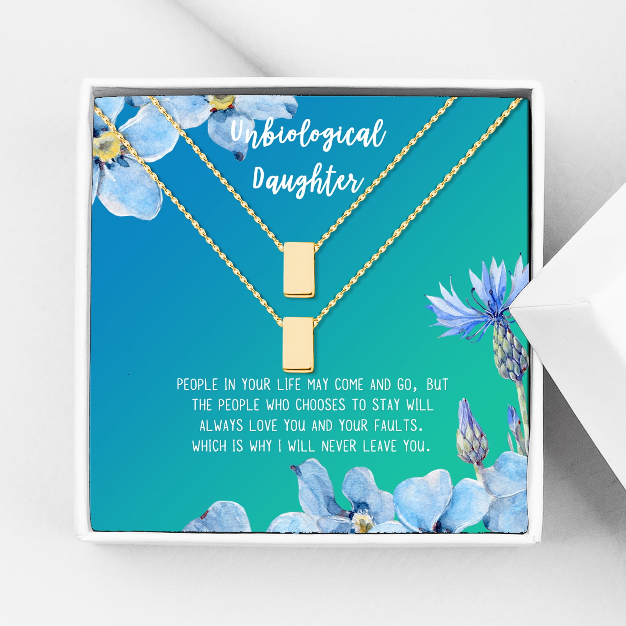 Anavia Unbiological Daughter Jewelry, Step Daughter Necklace Gift, Bonus Daughter Birthday Card Gift, Mother Daughter Set Necklace-[Two Gold Cube, Bright Blue Gift Card]