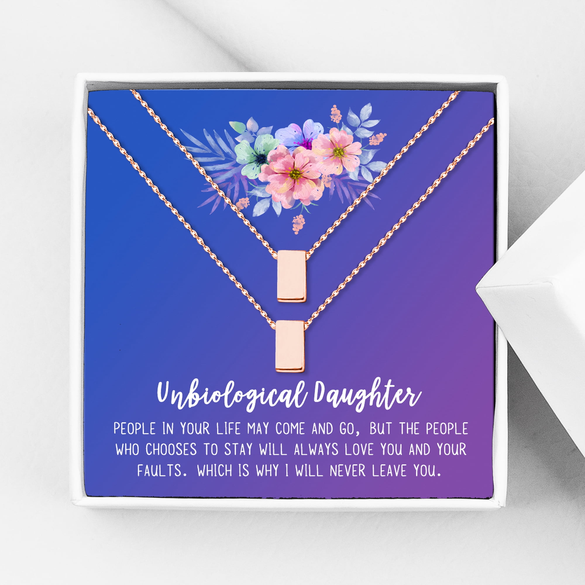 Anavia Unbiological Daughter Jewelry, Step Daughter Necklace Gift, Bonus Daughter Birthday Card Gift, Mother Daughter Set Necklace-[Two Rose Gold Cube, Blue-Purple Gift Card]