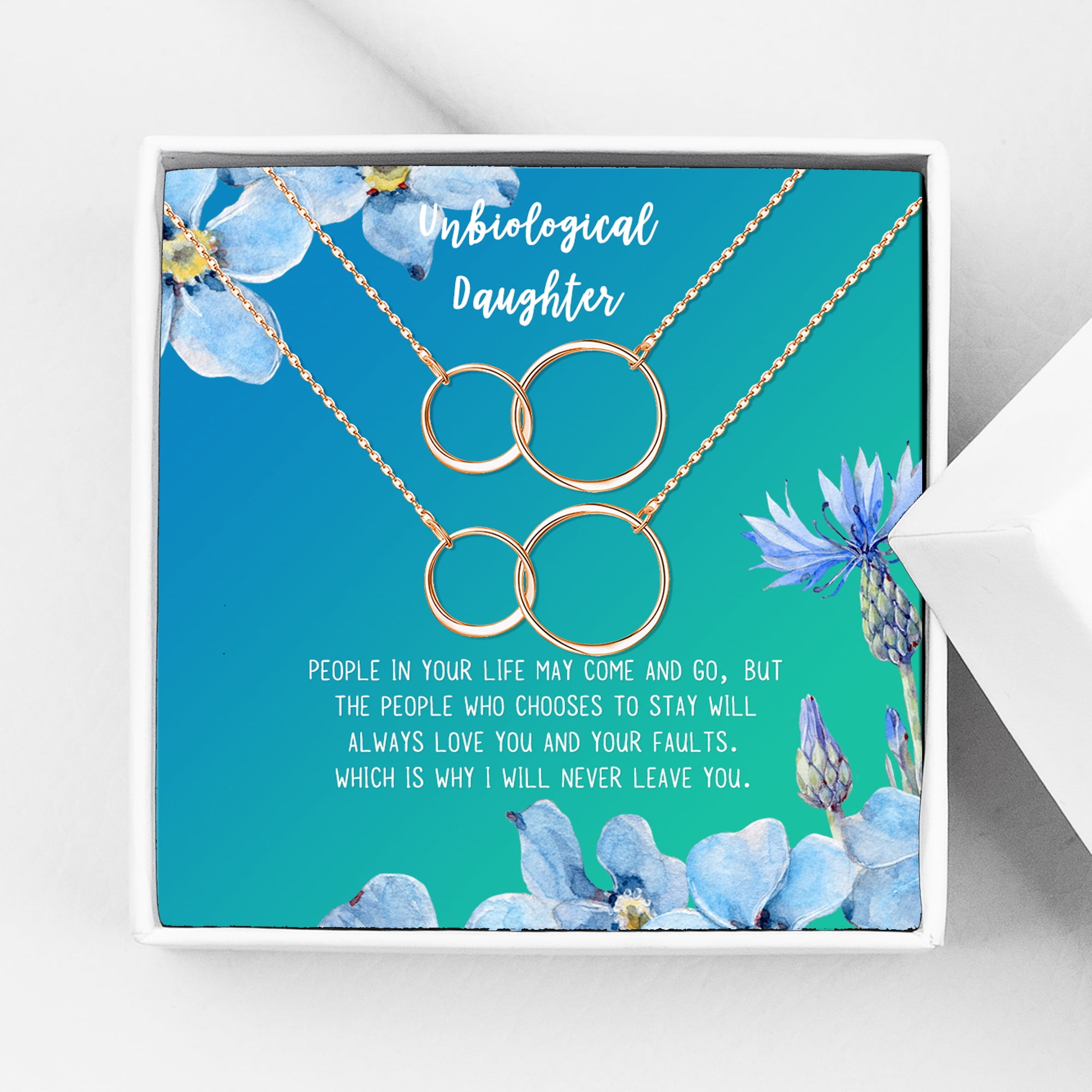 Anavia Unbiological Daughter Jewelry, Step Daughter Necklace Gift, Bonus Daughter Birthday Card Gift, Mother Daughter Set Necklace-[Two Rose Gold Infinity Double Ring, Bright Blue Gift Card]