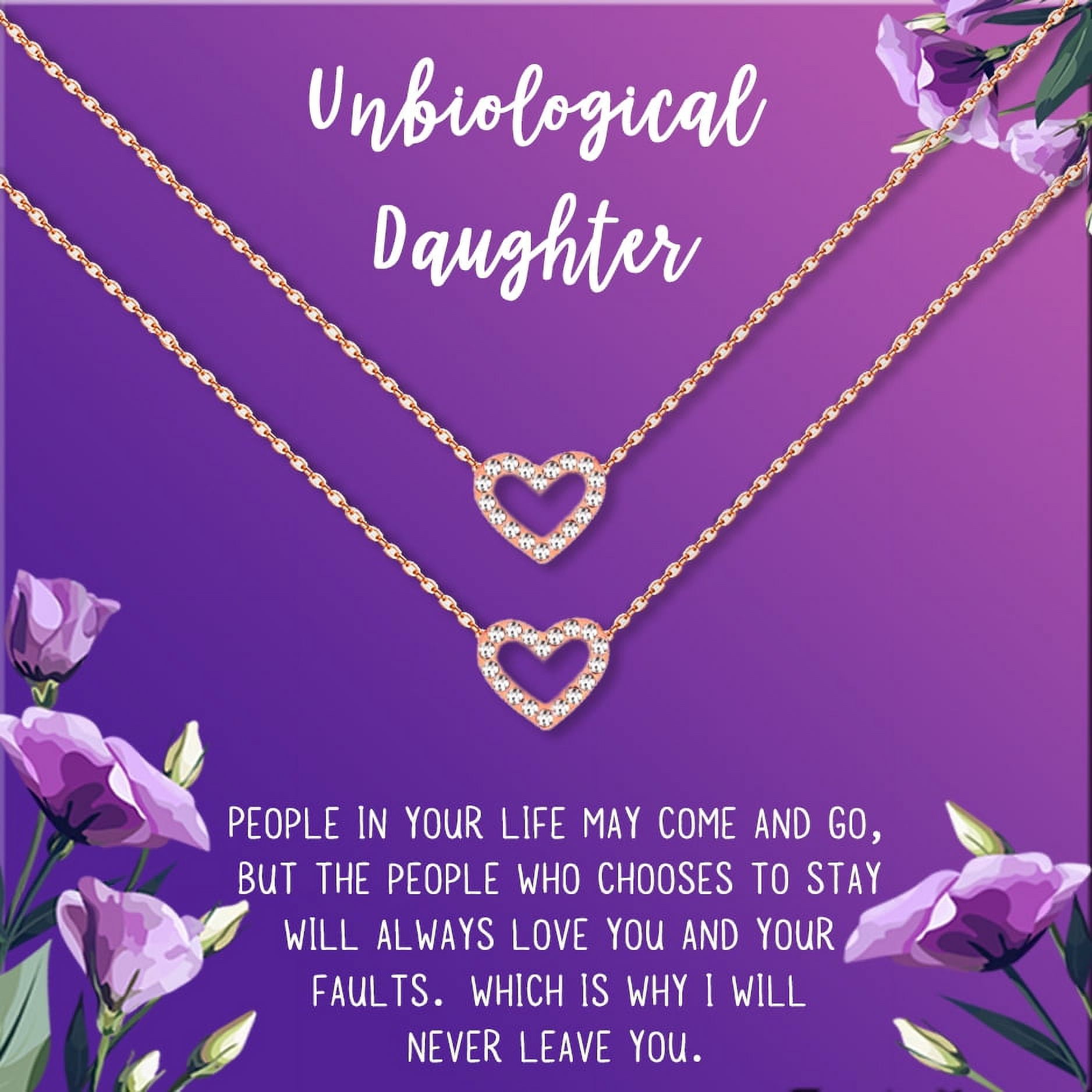 Anavia Unbiological Daughter Jewelry, Step Daughter Necklace Gift, Bonus Daughter Birthday Card Gift, Mother Daughter Set Necklace-[Two Rose Gold Mini Crystal Heart, Royal Purple Gift Card]