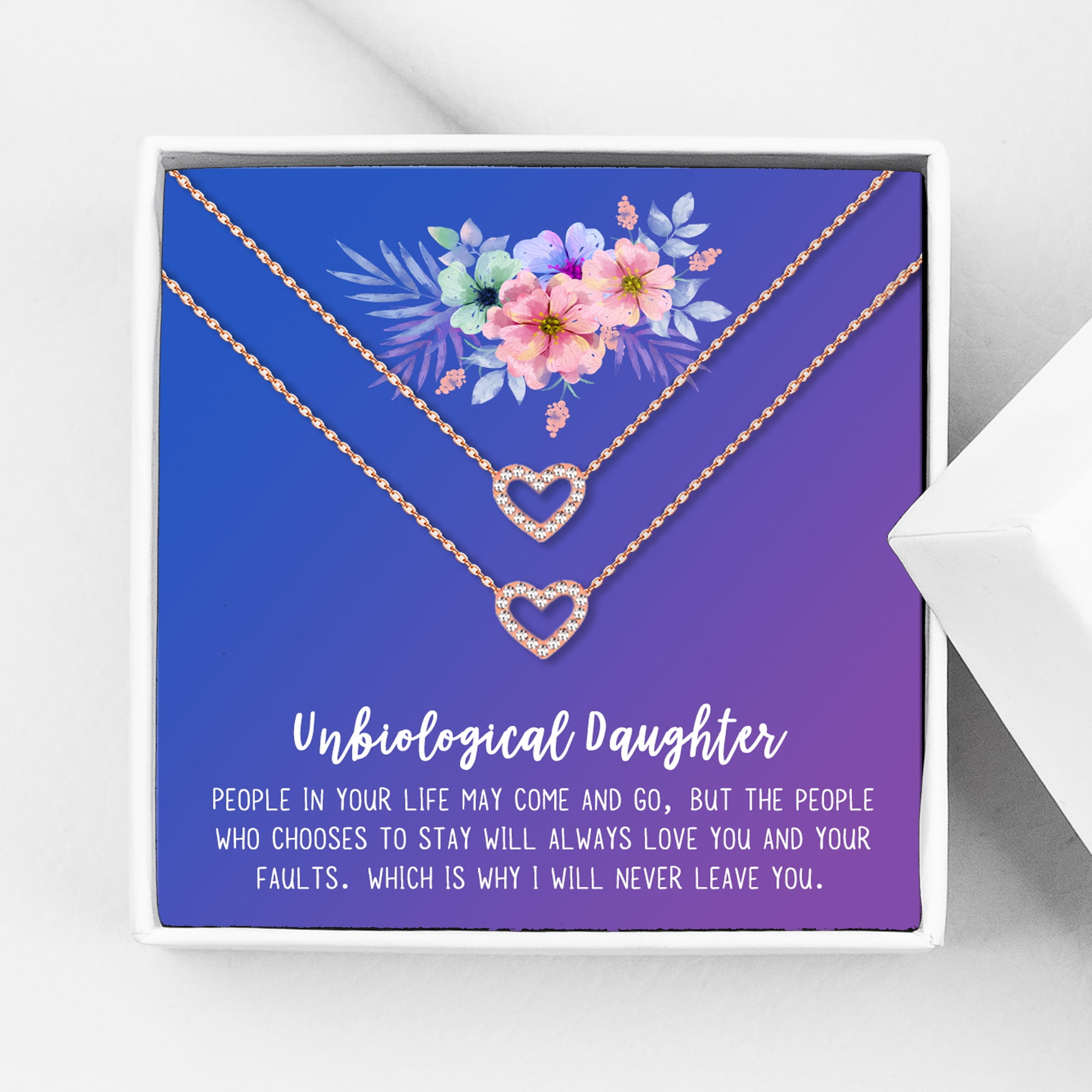 Anavia Unbiological Daughter Jewelry, Step Daughter Necklace Gift, Bonus Daughter Birthday Card Gift, Mother Daughter Set Necklace-[Two Rose Gold Mini Crystal Heart, Blue-Purple Gift Card]