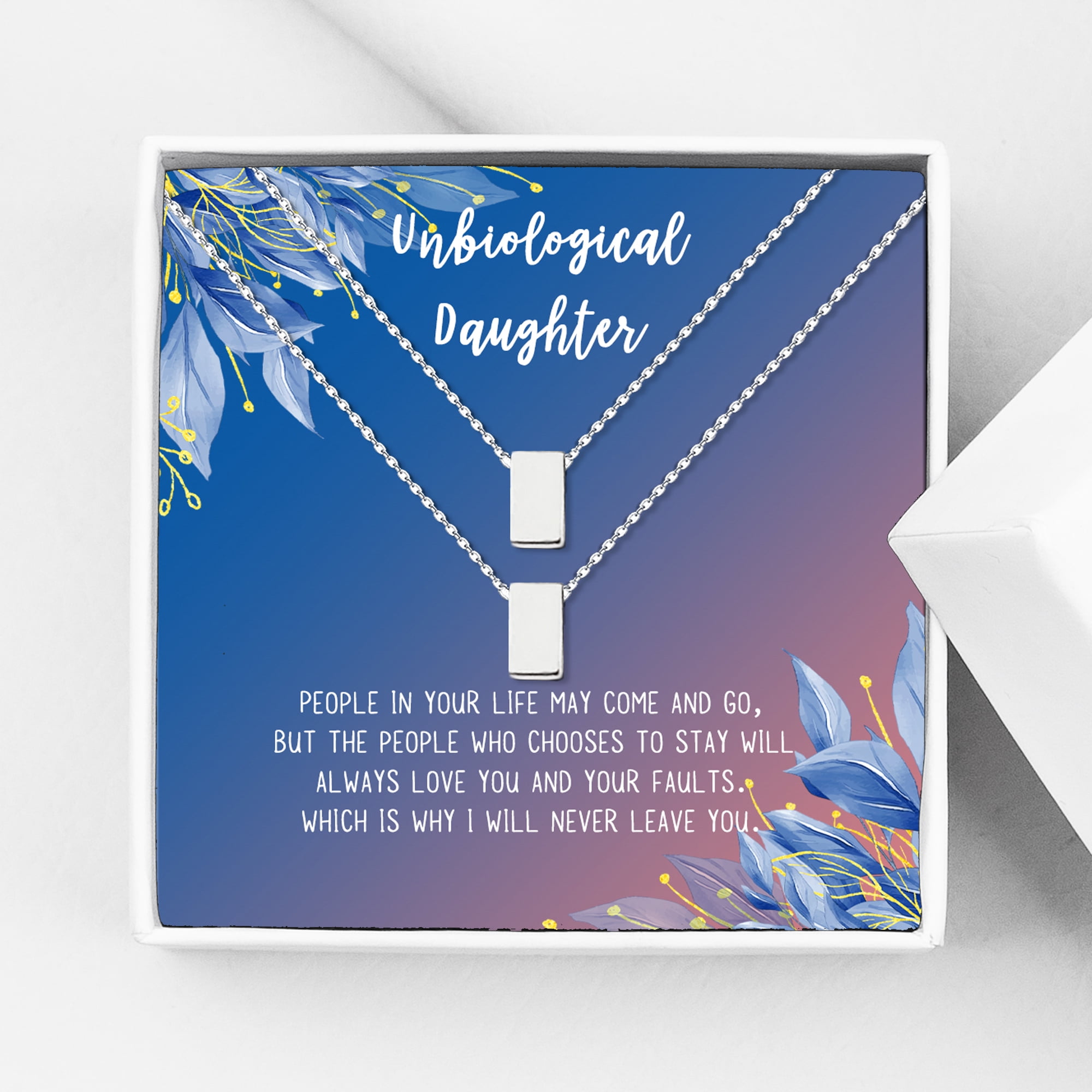 Anavia Unbiological Daughter Jewelry, Step Daughter Necklace Gift, Bonus Daughter Birthday Card Gift, Mother Daughter Set Necklace-[Two Silver Cube, Blue-Orange Gift Card]
