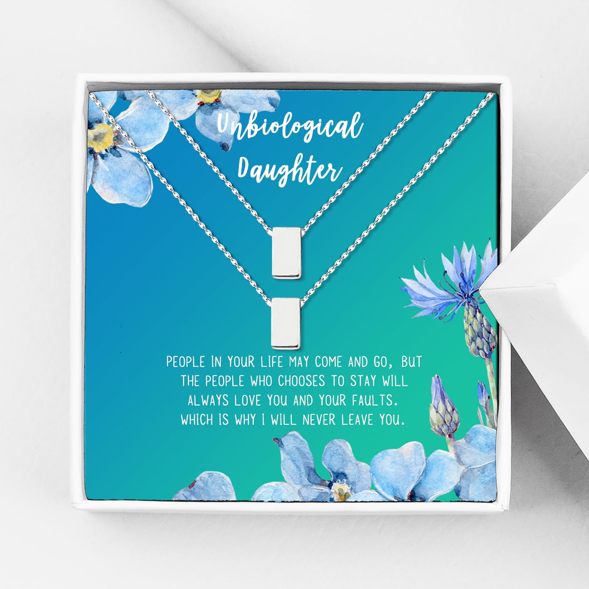 Anavia Unbiological Daughter Jewelry, Step Daughter Necklace Gift, Bonus Daughter Birthday Card Gift, Mother Daughter Set Necklace-[Two Silver Cube, Bright Blue Gift Card]