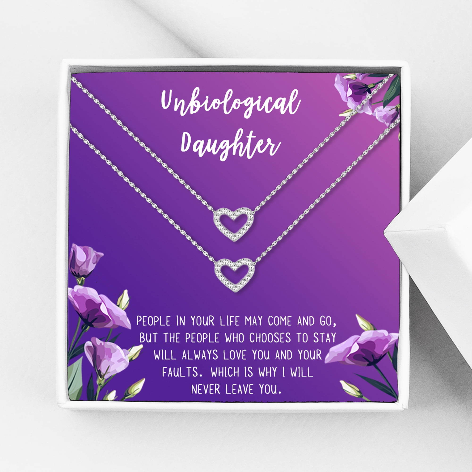 Anavia Unbiological Daughter Jewelry, Step Daughter Necklace Gift, Bonus Daughter Birthday Card Gift, Mother Daughter Set Necklace-[Two Silver Mini Crystal Heart, Royal Purple Gift Card]