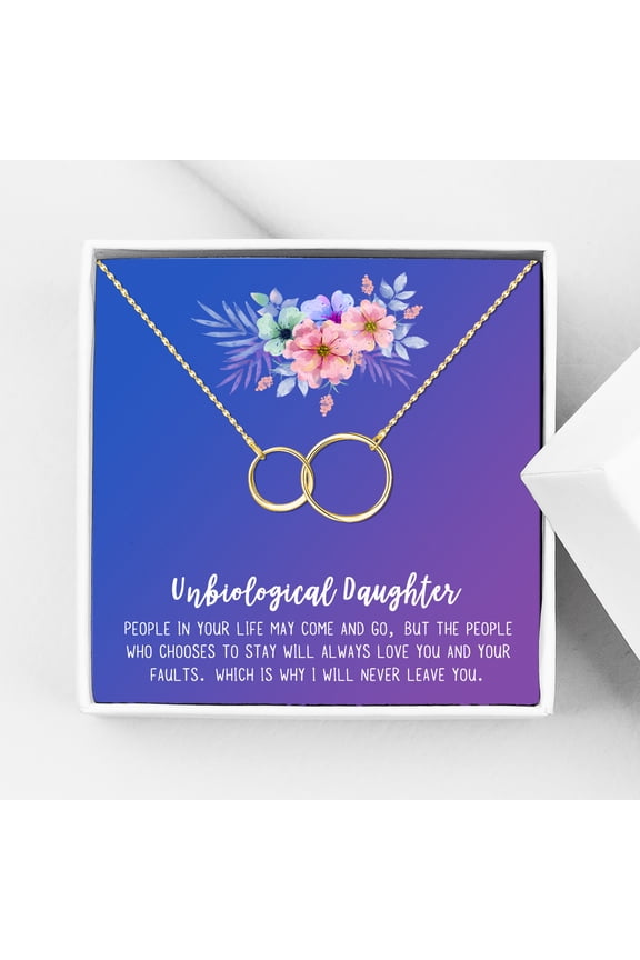 Unbiological Daughter Jewelry, Step Daughter Necklace Gift, Bonus Daughter Birthday Card Gift, Gift from Step Mom-[Gold Infinity Double Ring, Blue-Purple Gift Card]