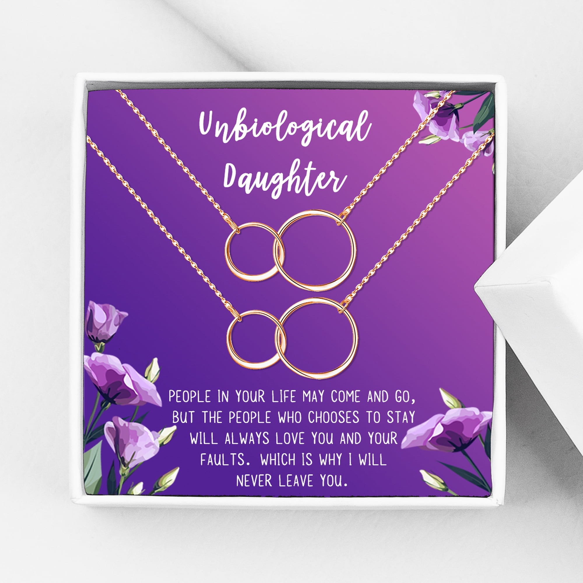 Anavia Unbiological Daughter Jewelry, Step Daughter Necklace Gift, Bonus Daughter Birthday Card Gift, Mother Daughter Set Necklace-[Two Rose Gold Infinity Double Ring, Royal Purple Gift Card]