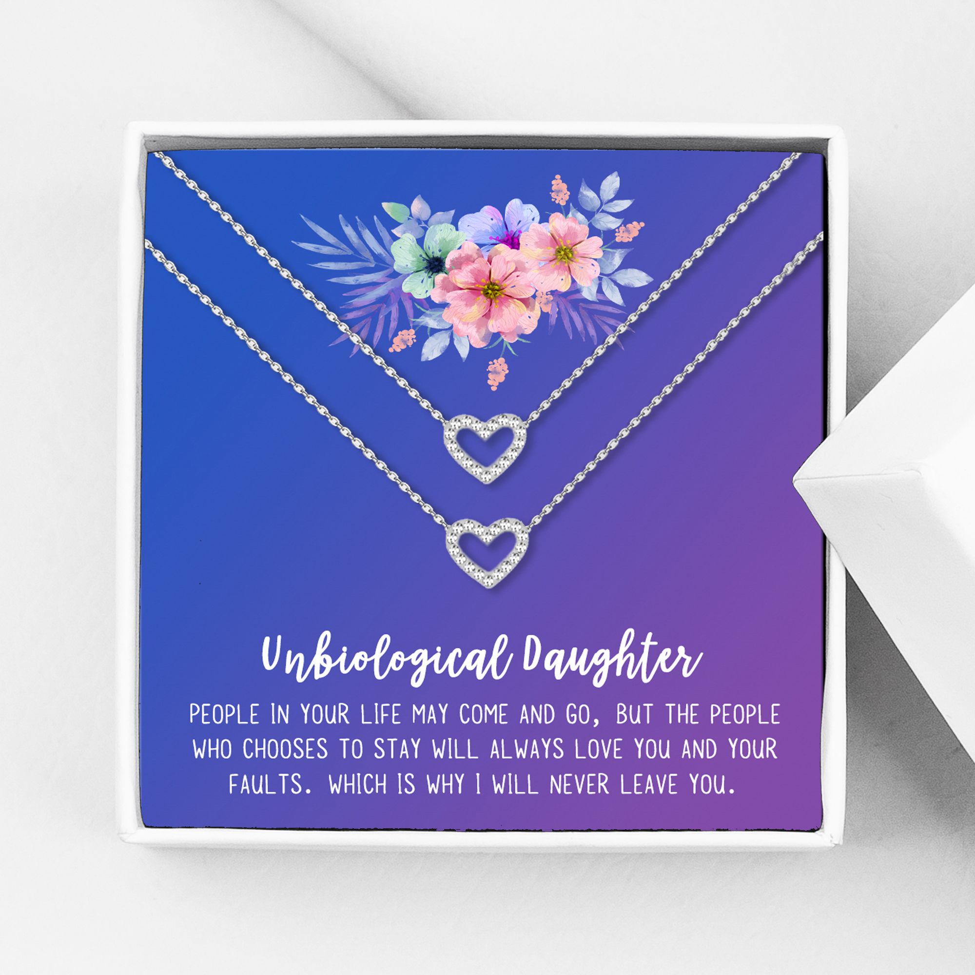 Anavia Unbiological Daughter Jewelry, Step Daughter Necklace Gift, Bonus Daughter Birthday Card Gift, Mother Daughter Set Necklace-[Two Silver Mini Crystal Heart, Blue-Purple Gift Card]