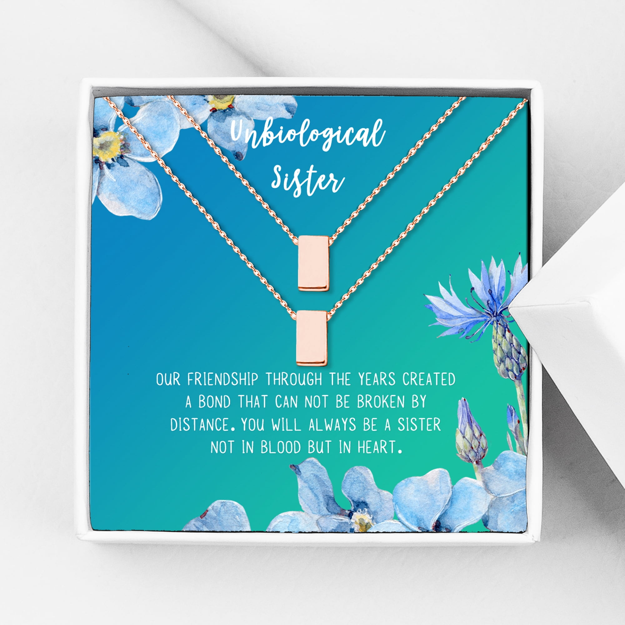 Anavia Unbiological Sister Gift Jewelry, Soul Sister Card Necklace, Sister Best Friend Gift, Big Little Sorority Card Gift-[Two Rose Gold Cube, Bright Blue Gift Card]