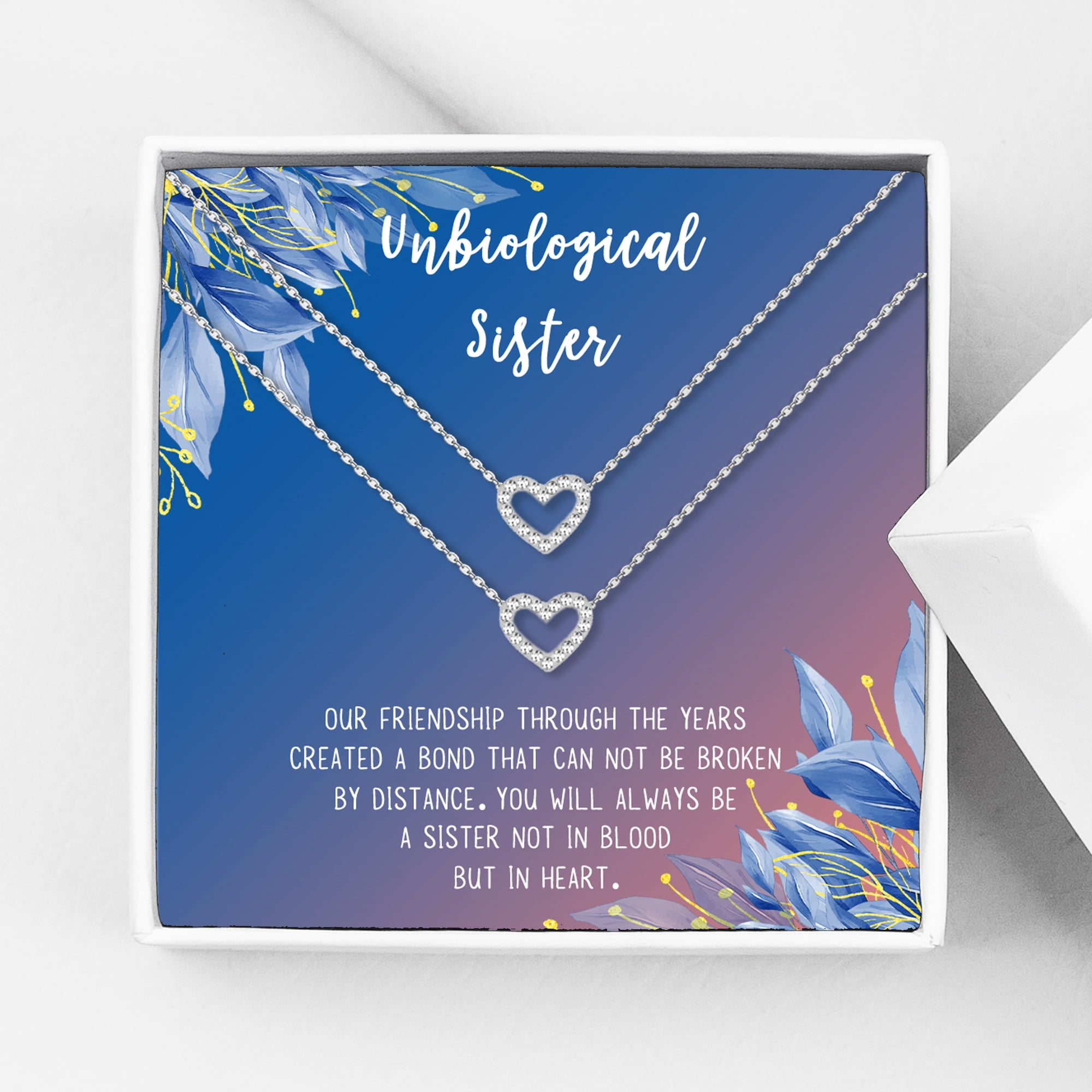 Anavia Unbiological Sister Gift Jewelry, Soul Sister Card Necklace, Sister Best Friend Gift, Big Little Sorority Card Gift-[Two Silver Mini Crystal Heart, Blue-Orange Gift Card]