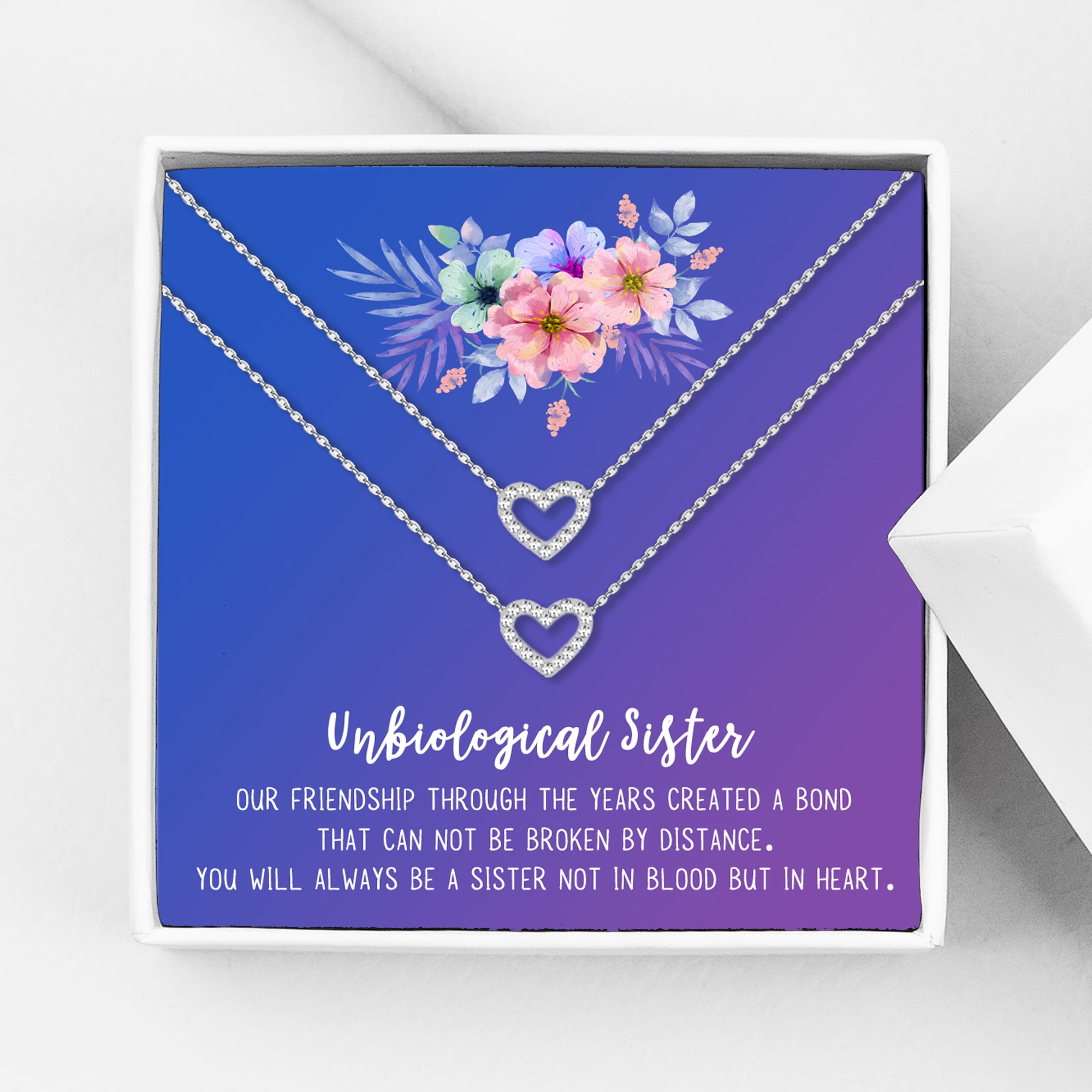 Anavia Unbiological Sister Gift Jewelry, Soul Sister Card Necklace, Sister Best Friend Gift, Big Little Sorority Card Gift-[Two Silver Mini Crystal Heart, Blue-Purple Gift Card]
