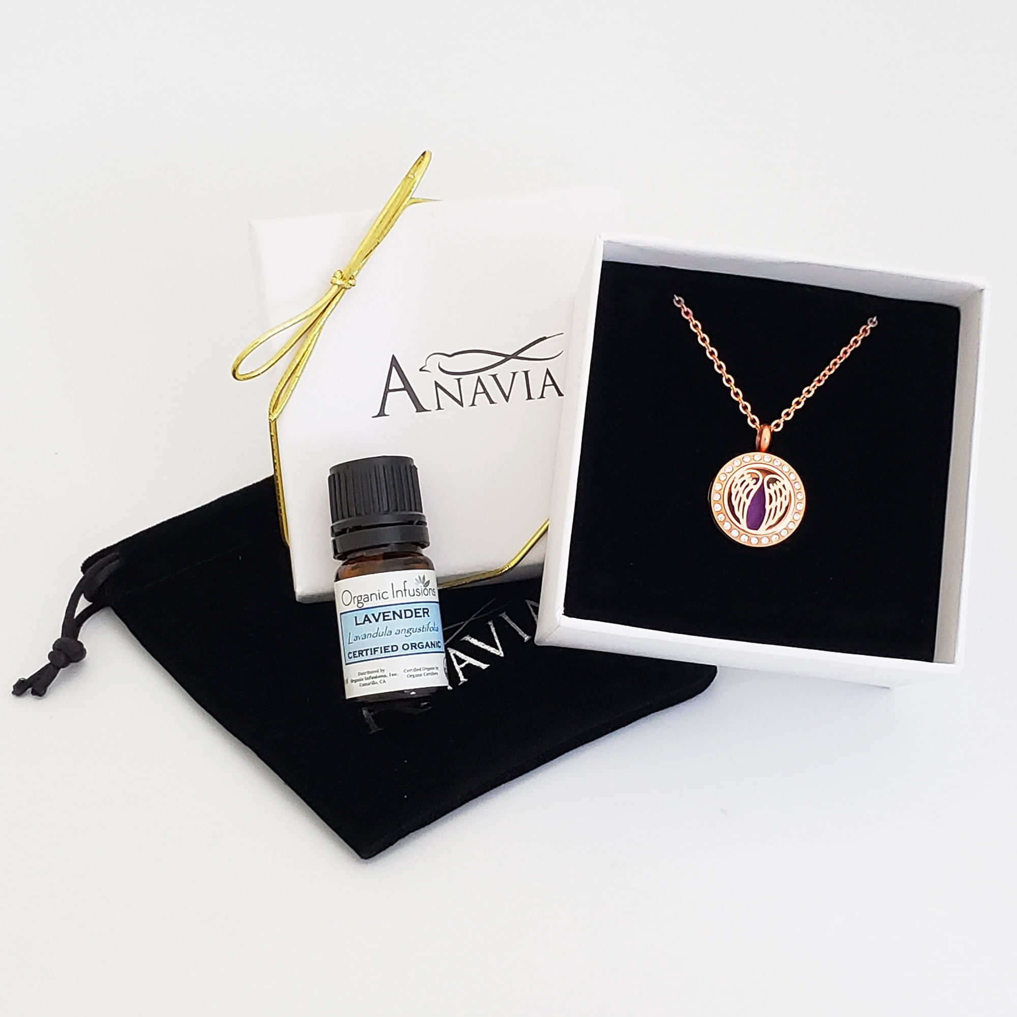 Anavia Women's Angel Wings Anniversary Gift for Her Girlfriend Wife Diffuser Rhinestone Necklace & Organic Essential Oil Aromatherapy Jewelry Gift Set - Rose Gold Necklace & Lavender Oil